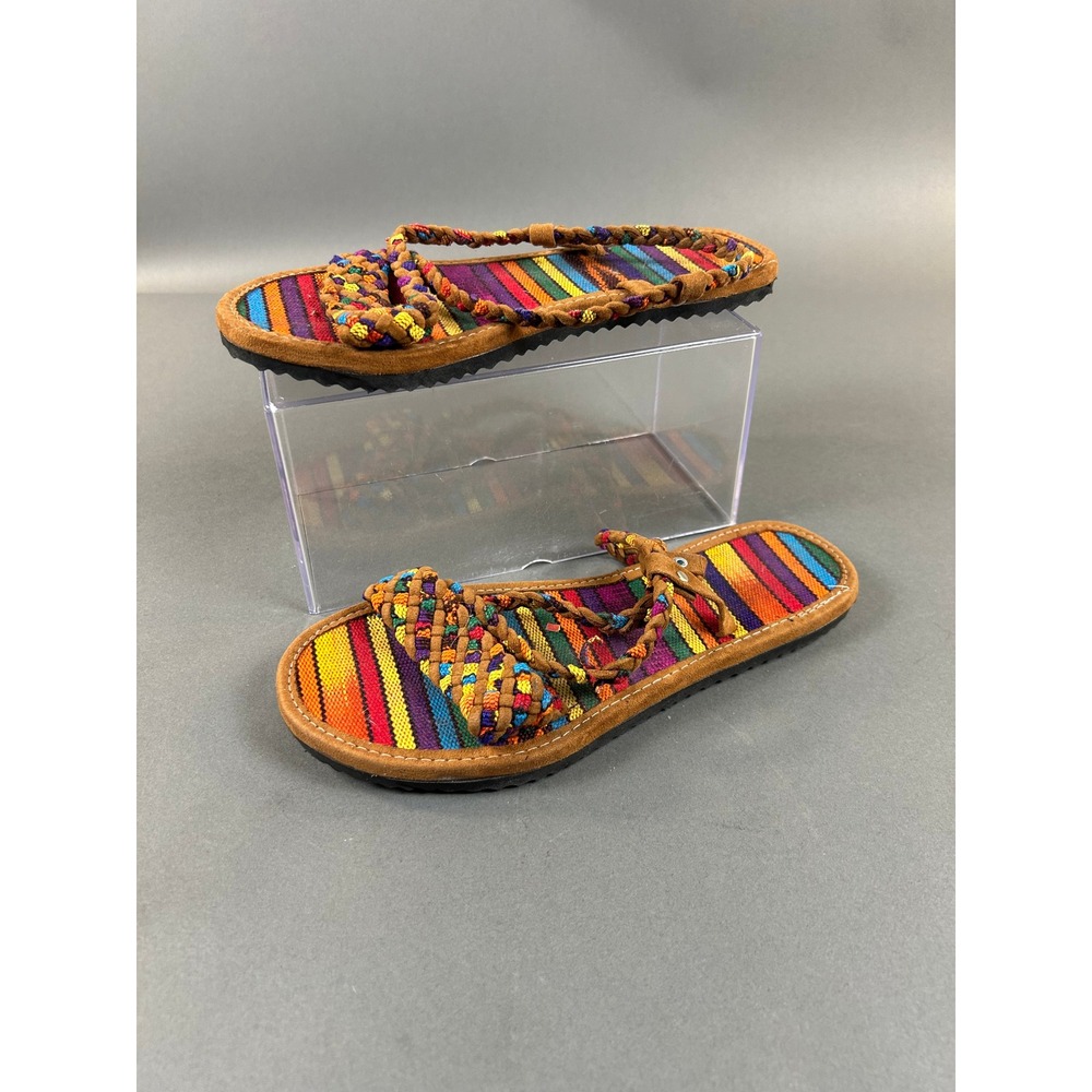 Handmade Mexican Huarache Sandals Multi Color Striped Braided Boho Flats 10 Inch
